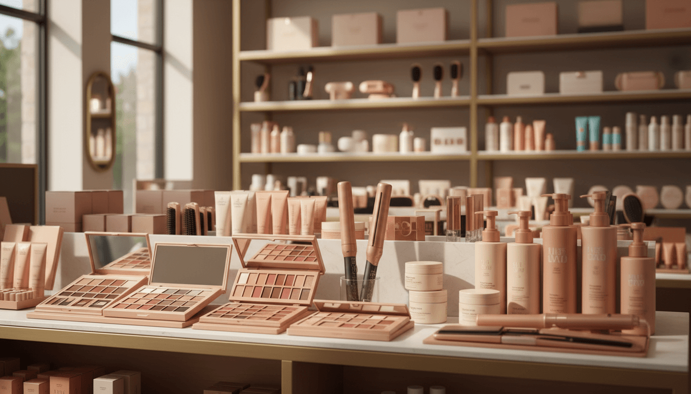 Organized display of cosmetics, hair-care products, and beauty tools at Pej Beauty Supply