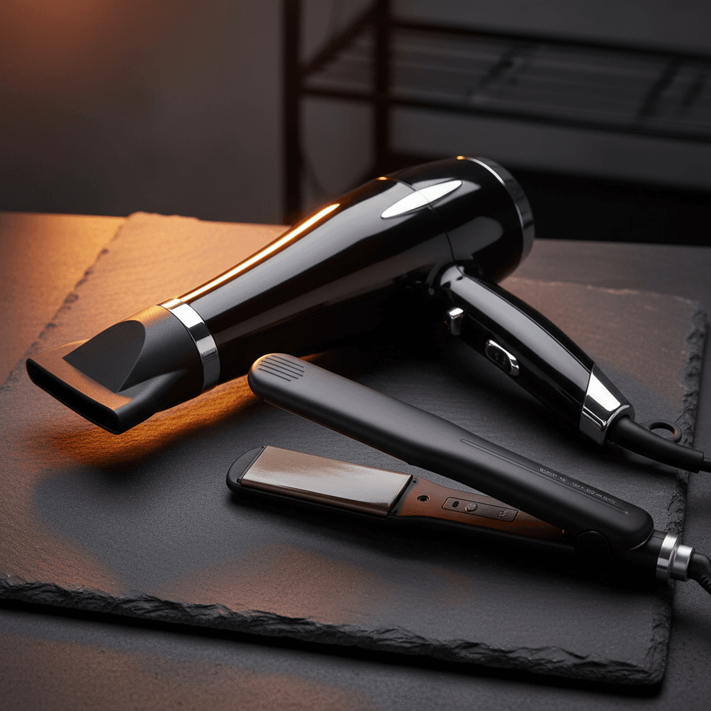 Professional hair styling tools including blow dryer and straightener