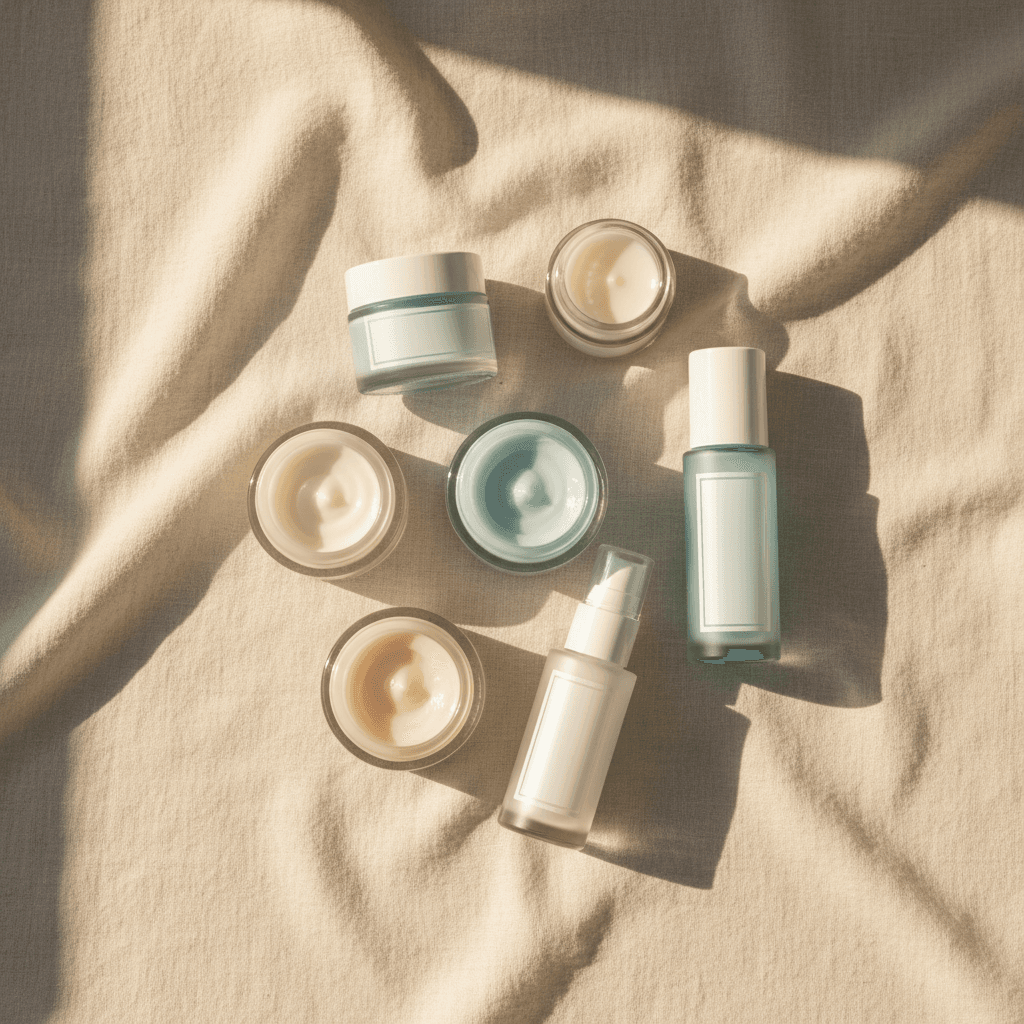 Skincare essentials including cleansers, moisturizers, and serums