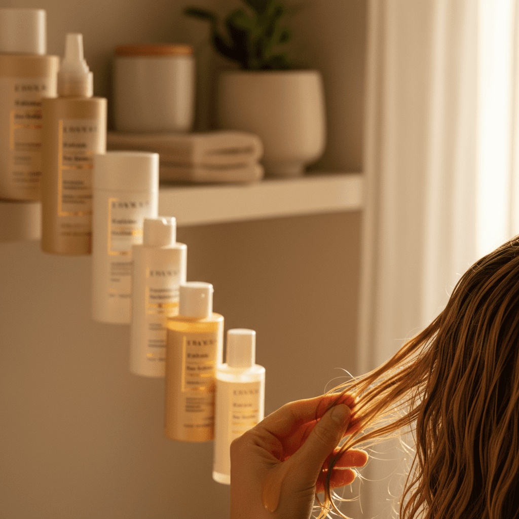 Hair care treatments being applied to healthy, moisturized hair