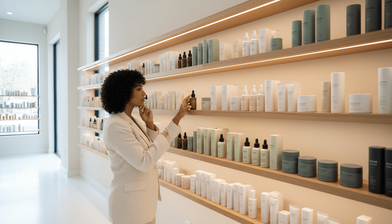 Professional beauty supply store display with organized cosmetics and hair-care products on wooden shelves in natural daylight