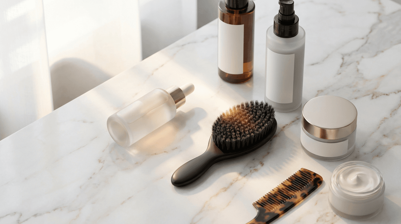 Professional hair care product bottles displayed on retail shelf