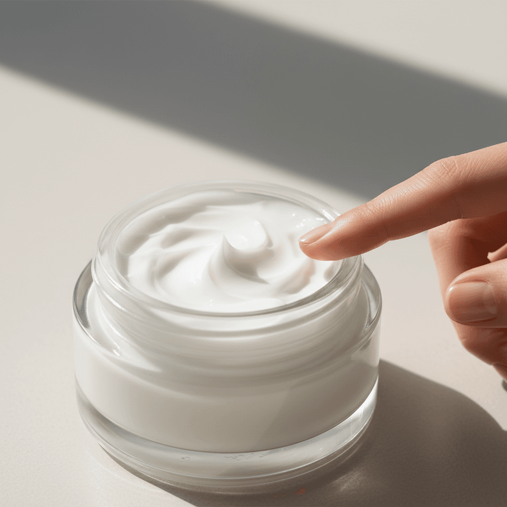 Customer hands examining skincare product in retail setting