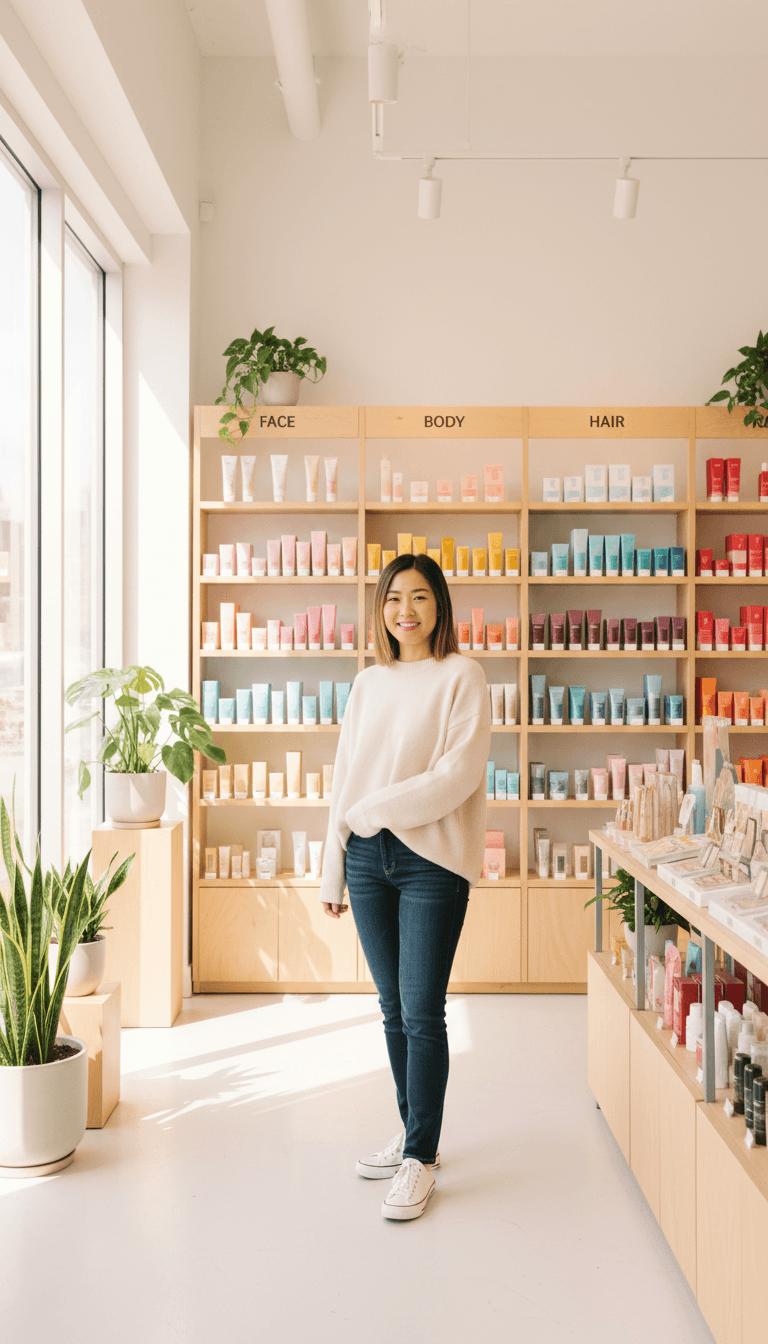 Organized beauty product display in retail store shelf