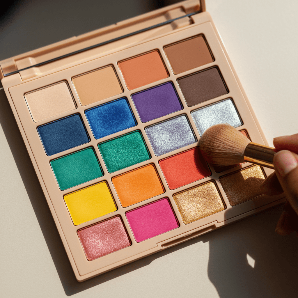 Open makeup palette with vibrant eyeshadow colors and brush